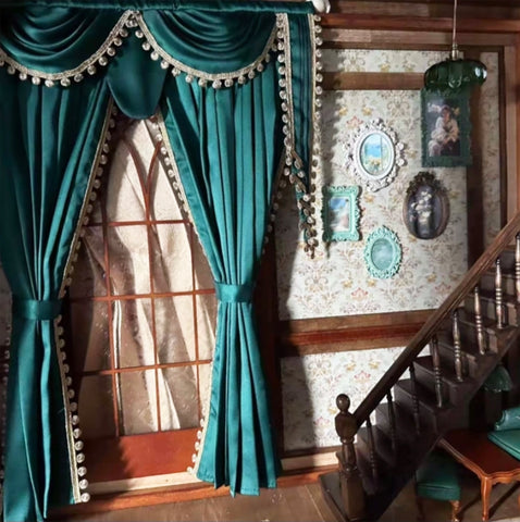 Handmade Miniature Dollhouse Curtain Victorian Style 1:6 Scale Green & Gold Drapes
