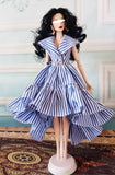 Craftuneed 1:6 Scale White Blue Striped High Low Hem & Ruffle Retro Doll Dress Handmade