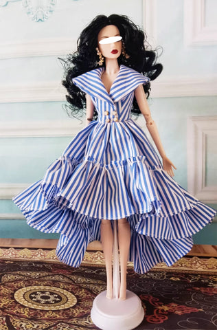 Craftuneed 1:6 Scale White Blue Striped High Low Hem & Ruffle Retro Doll Dress Handmade