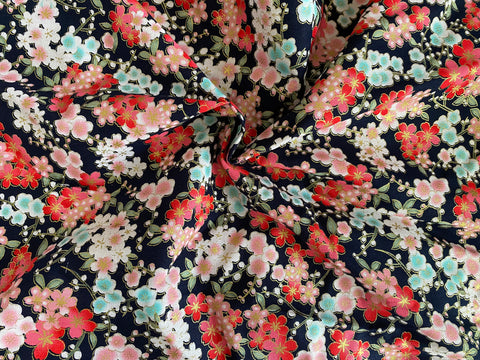 Craftuneed 2 Meters Black Japanese Sakura Cherry Blossom Floral Print Cotton Fabric for Dress Sewing diy