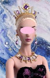 Craftuneed Luxury Handmade 1:6 miniature doll purple gemstone crown matching necklace dangling earrings jewellery