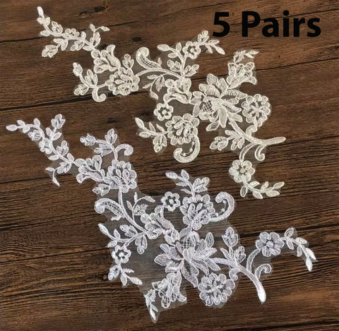 5 Pairs Ivory or White Floral Lace Applique Bridal Embroidered Wedding Motif Patch