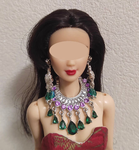 1:6 Scale Doll Necklace and Earrings Set Miniature Rhinestone Jewellery Handmade