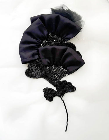 Black Beaded Floral Applique 3D Satin Embroidered Patch Sequin Lace Motif
