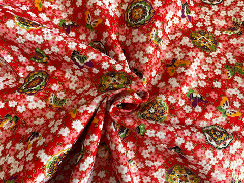 Craftuneed 3 Meters Red Japanese Sakura Cherry Blossom Butterfly Print Cotton Fabric for Dress Sewing diy