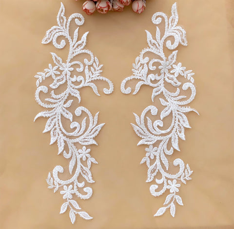 Ivory Beaded Floral Lace Applique: Bridal Embroidery Motif Patch Luxury (4 Pairs)