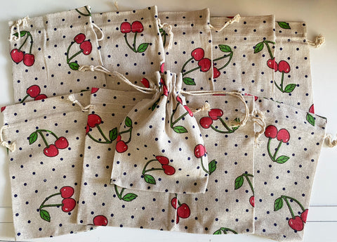 Craftuneed Bundle 10pcs Cherry and Polka Dot Print Drawstring Gift Bags Natural Linen Pouch Bag