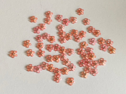 Bundle 61pcs Mini Acrylic Flower Embellishments Watermelon Pink 5-Petal Blossoms with Rhinestone Center for Crafts, Nail Art, DIY Projects