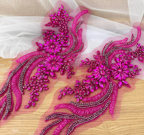 Fuchsia Pink Beaded Lace Applique Pair Floral Rhinestone Embroidery Motif Patch