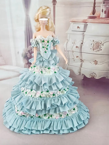 Craftuneed 1:6 Scale Handmade Victorian Style Ruffle Ball Gown Miniature Doll Blue Floral Beaded Dress