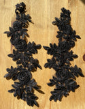A Pair Black Floral Lace Applique Rose Embroidered Lace Motifs on Tulle