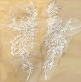 Ivory Beaded Sequin Lace Applique Pair Bridal Floral Embroidered Tulle Motif Patch