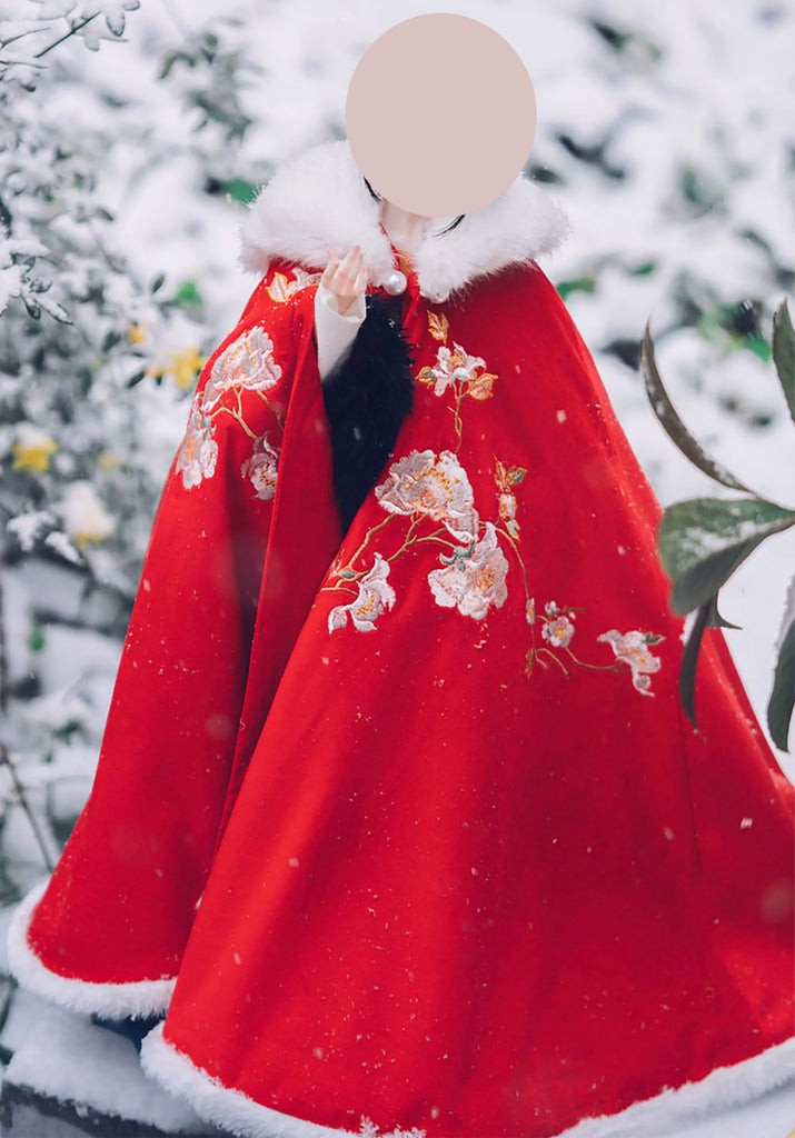 Handmade Embroidered Floral Doll Cape Miniature Red Velvet Faux Fur Cloak 1:3 Scale