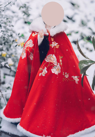 Handmade Embroidered Floral Doll Cape Miniature Red Velvet Faux Fur Cloak 1:3 Scale