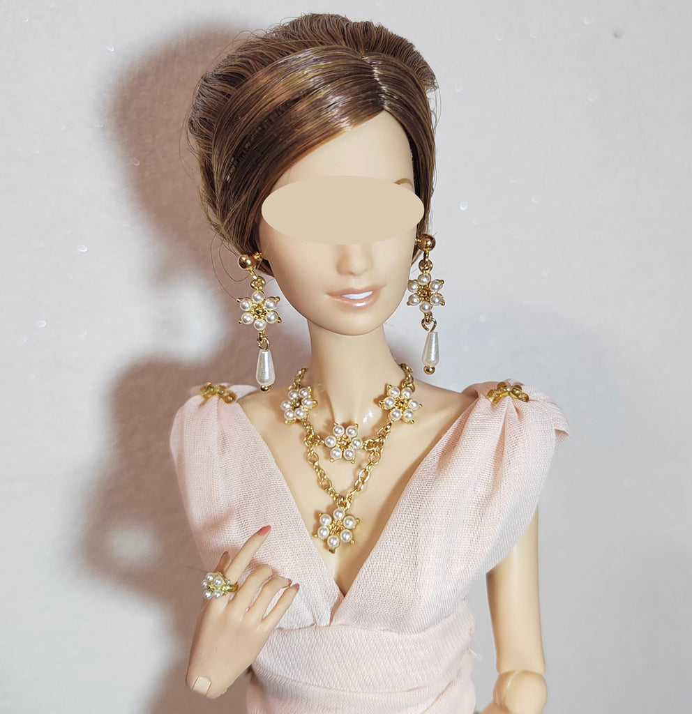Handmade 1:6 Scale Doll Jewelry Set – Miniature Floral Faux pearl Necklace, Earrings & Ring