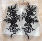 Black Beaded Floral Lace Applique Embroidery Sequins Motif Patch Luxury (4 Pairs)