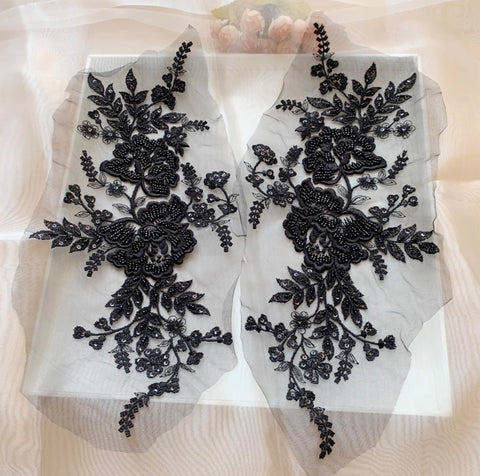 Black Beaded Floral Lace Applique Embroidery Sequins Motif Patch Luxury (4 Pairs)