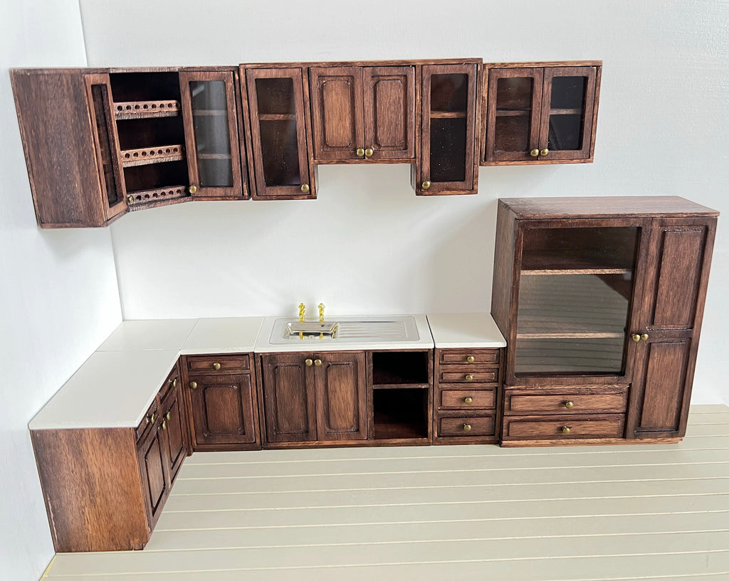 Handmade Dollhouse Kitchen Cabinet Set 1:12 Scale Miniature Walnut Wooden Sink Units