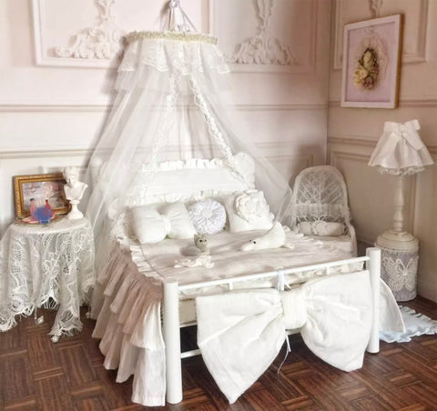 Handmade 1:6 Scale Dollhouse Bed Set with Canopy Miniature Bed frame Bedding Pillows