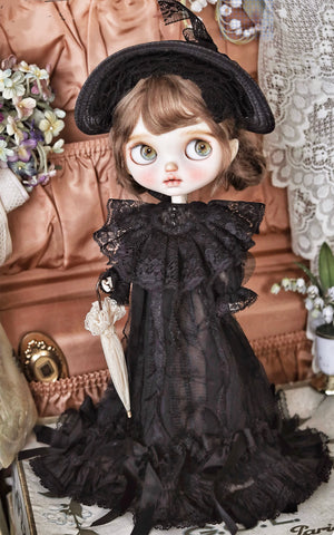 Craftuneed Edwardian Black Lace Doll Dress with Hat for BJD Gothic Halloween Inspired Outfit Costume Fits For 1/6 1/4 Dolls