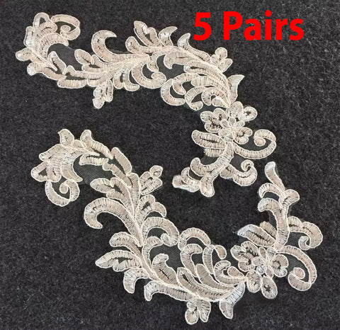 5 Pairs Ivory Bridal Lace Applique Embroidery Floral Motif For Wedding Dress DIY