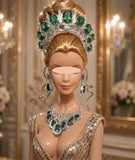 1:6 Scale Doll Necklace Earrings Crown Set Miniature Green Rhinestone Jewellery