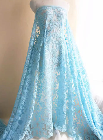 Craftuneed 1 Meter Luxury Sky Blue Floral Embroidered Lace Tulle Fabric with Scalloped Edges for Dressmaking & DIY Projects