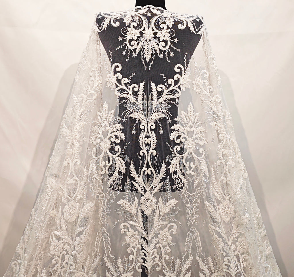 Ivory Beaded Lace Fabric by Yard – Embroidered Bridal Sequin Lace for Wedding DIY