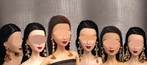 Set of 6 Pairs Doll Statement Earrings Handmade Miniature Rhinestone Jewellery 1:6 Scale