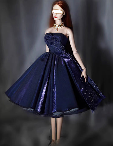 Craftuneed 1:6 Scale Navy Strapless Doll Dress with Matching Statement Necklace Miniature Elegant Evening Ball Gown for fashion Dolls Handmade