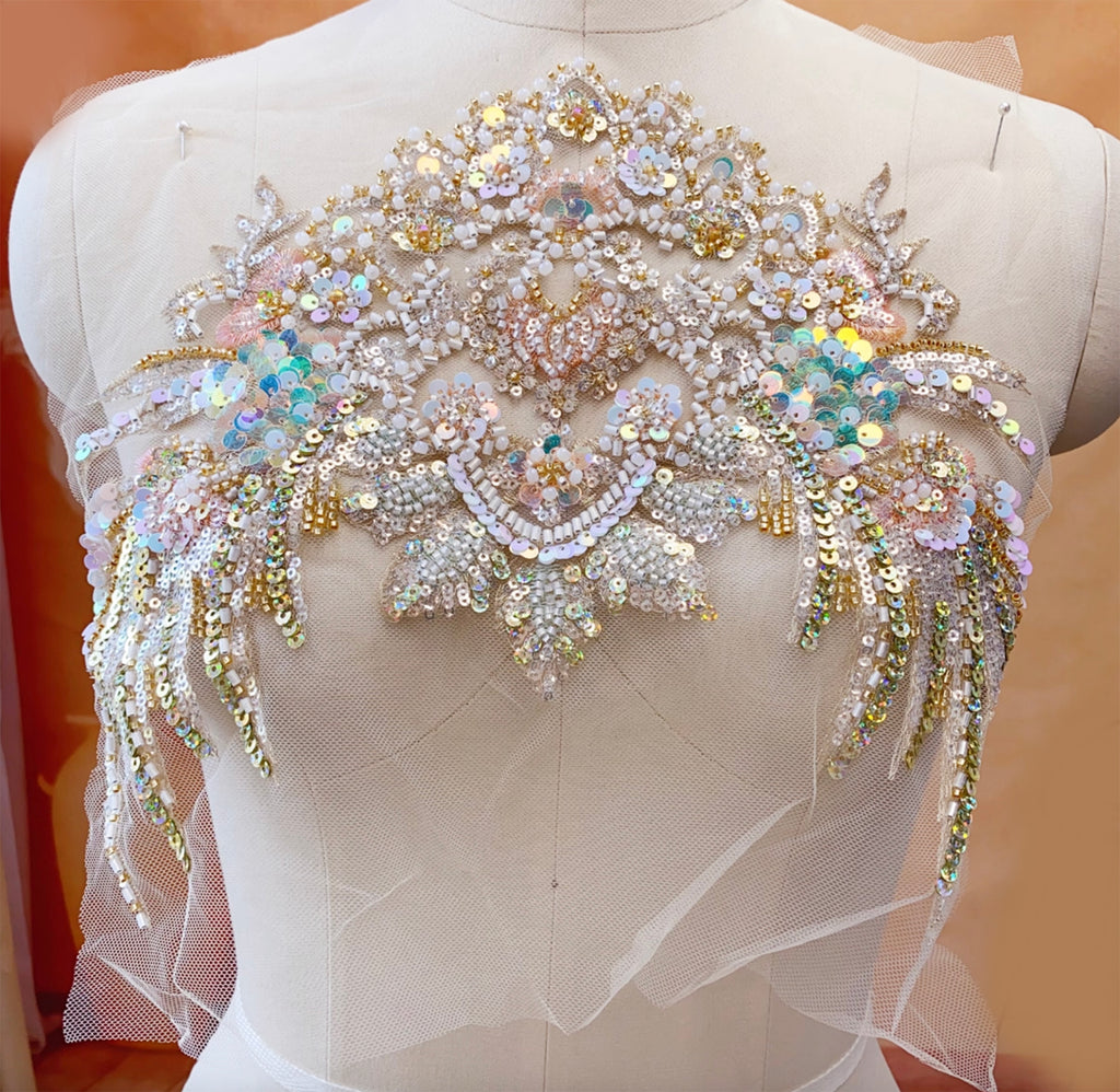 Iridescent Sequin Beaded Lace Applique Set Embroidery Motif for Couture Sewing DIY
