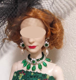 1:6 Scale Doll Necklace Earrings Set Miniature Green Rhinestone Jewellery Handmade