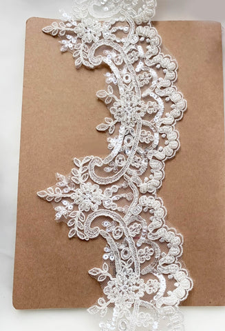10 Yards Ivory Beaded Sequin Lace Trim - Embroidered Floral Tulle Lace for Bridal Sewing DIY Craft