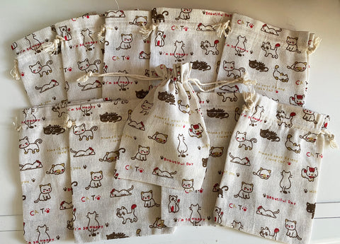 Craftuneed Bundle 10pcs Cute Cat Print Drawstring Gift Bags Natural Linen Pouch Bag