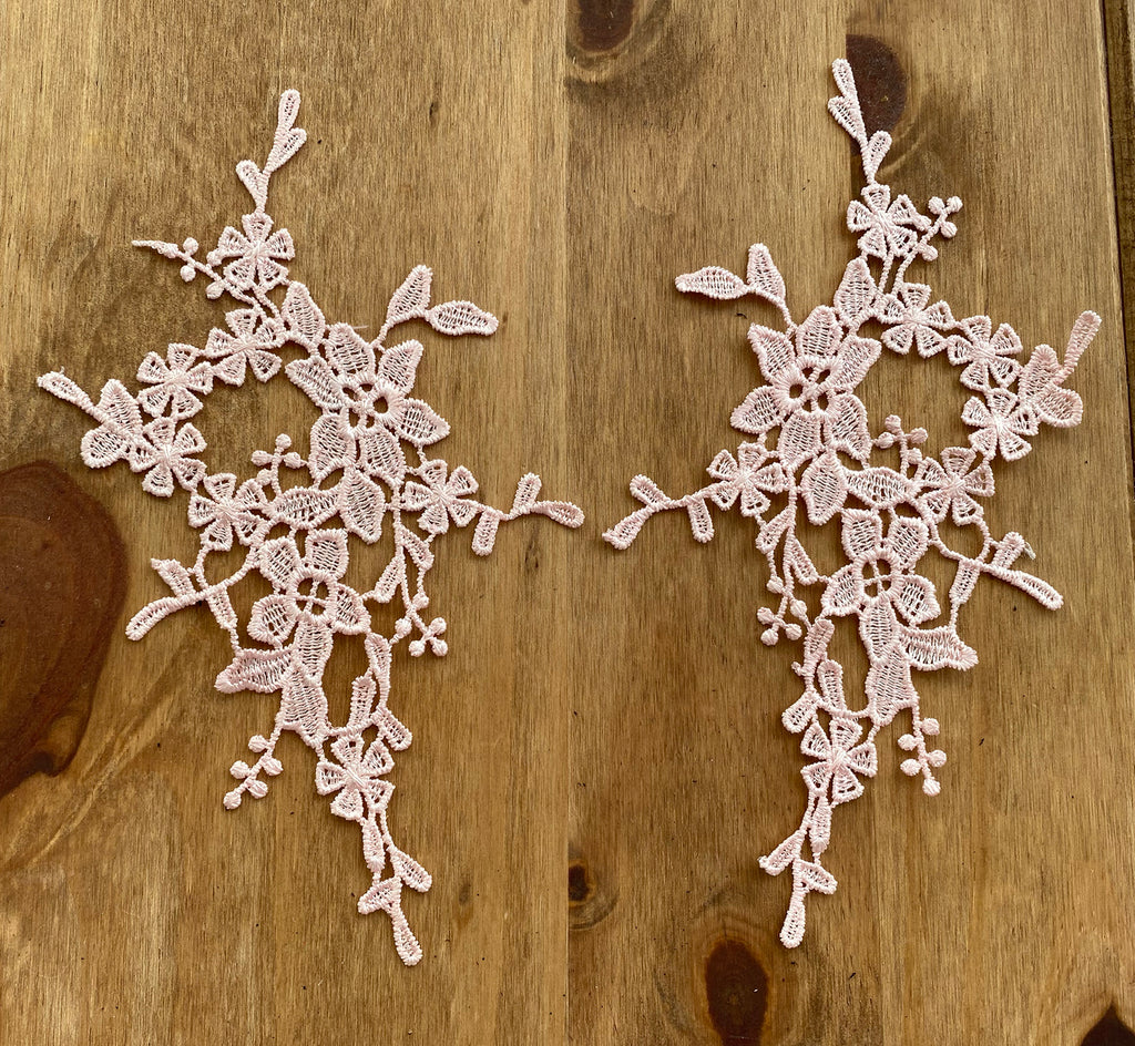 A Pair Salmon Pink Floral Lace Appliques Embroidered Flower Lace Motifs Patches
