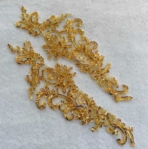 Gold Sequin Lace Applique Pair Embroidered Bridal Floral Tulle Lace Motif Patch For Sewing