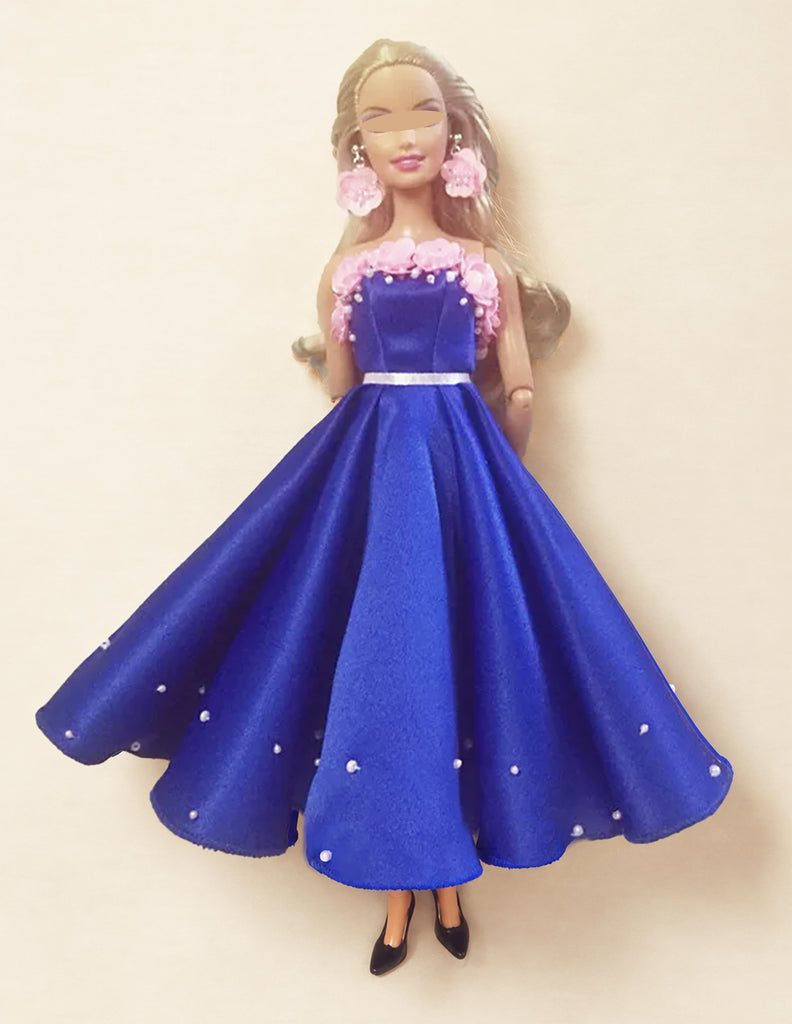 Handmade 1:6 Scale Floral Doll Dress Miniature Dark Blue Satin Gown with Earrings