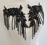 Black Rhinestone Fringe Lace Applique Pair – Beaded Tassel Sewing Trim, Craft Supply