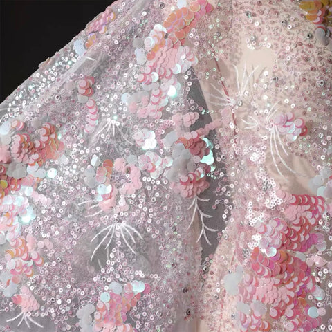 Pink Iridescent Sequin Lace Fabric by Meter – Sparkly Embroidered Mesh Tulle for Dressmaking