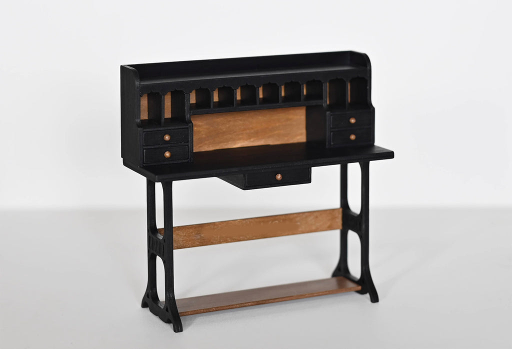 Craftuneed 1:6 Miniature Vintage Wooden Writing Desk Dollhouse Study Furniture with Drawers Black Wood Trestle Work Table For Dolls