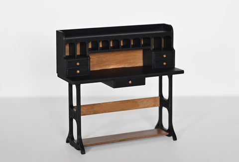 Craftuneed 1:6 Miniature Vintage Wooden Writing Desk Dollhouse Study Furniture with Drawers Black Wood Trestle Work Table For Dolls