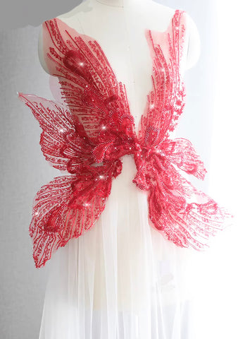 Craftuneed 1 Yard Luxury 3D Floral Butterfly Sequin Red Embroidered Lace Fabric Tulle for Dressmaking &amp; DIY Projects