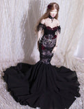 Craftuneed 1:6 Scale Doll Black Lace Mermaid Evening Gown Gothic Style Black Dress with Red Floral Accents For Fashion Dolls Handmade