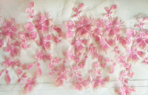 Bundle 5pcs Pink shades Sequin Floral Lace Applique: Sew-On Tulle Motif Patch (28cm x 14cm)