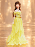 Handmade 1:6 Scale Doll Dress Miniature Yellow Chiffon Evening Gown with Necklace