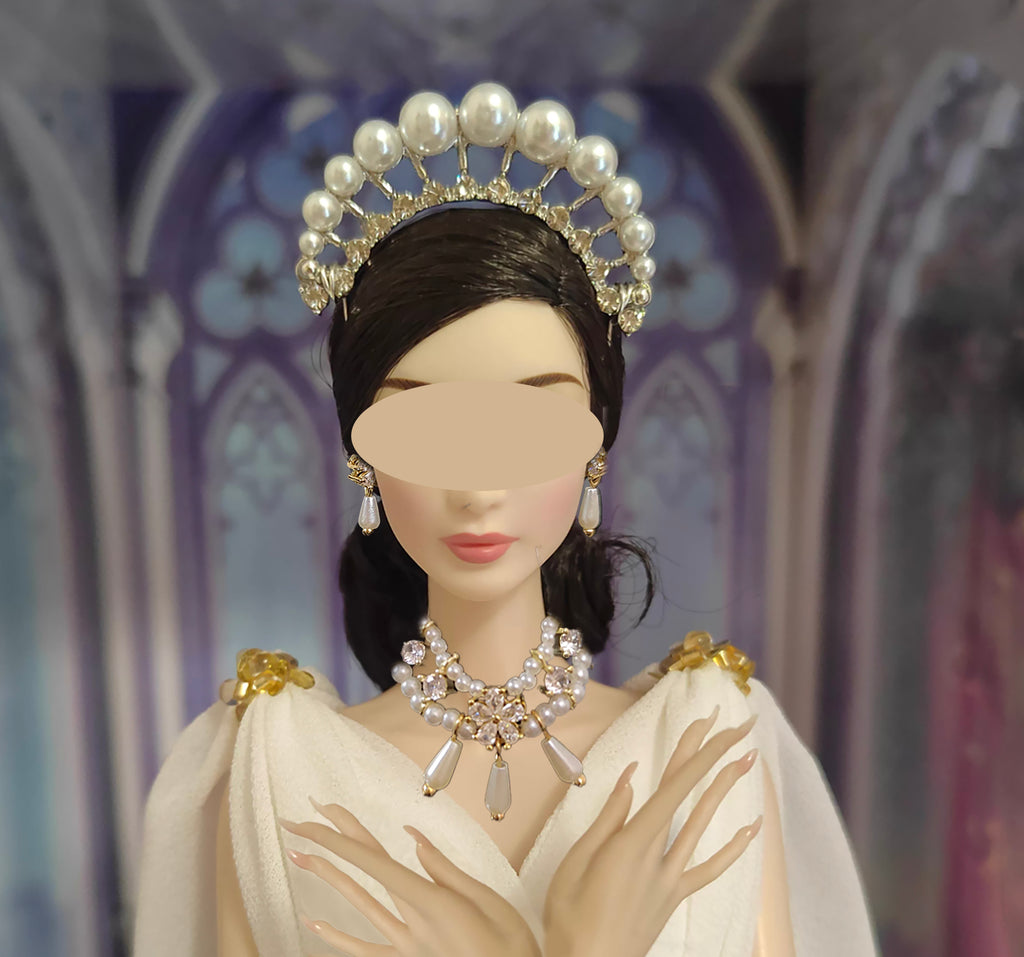 Handmade 1:6 Scale Miniature Doll Faux Pearl Crown Necklace & Earrings Set