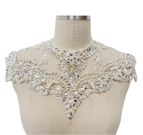 Rhinestone Lace Applique Panel, Bridal Beaded Bodice Motif Patch, Front Piece Only