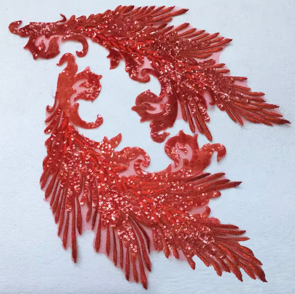Red Sequin Lace Applique Pair Large Couture Embroidered Motif Patch For Costume DIY