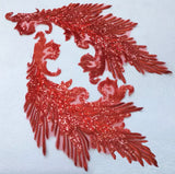 Red Sequin Lace Applique Pair Large Couture Embroidered Motif Patch For Costume DIY