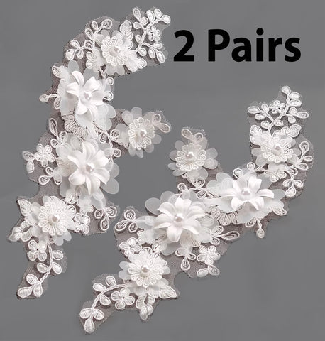 2 Pairs Ivory Floral Beaded Lace Applique 3D Flower Embroidered Rhinestones Motif Patch